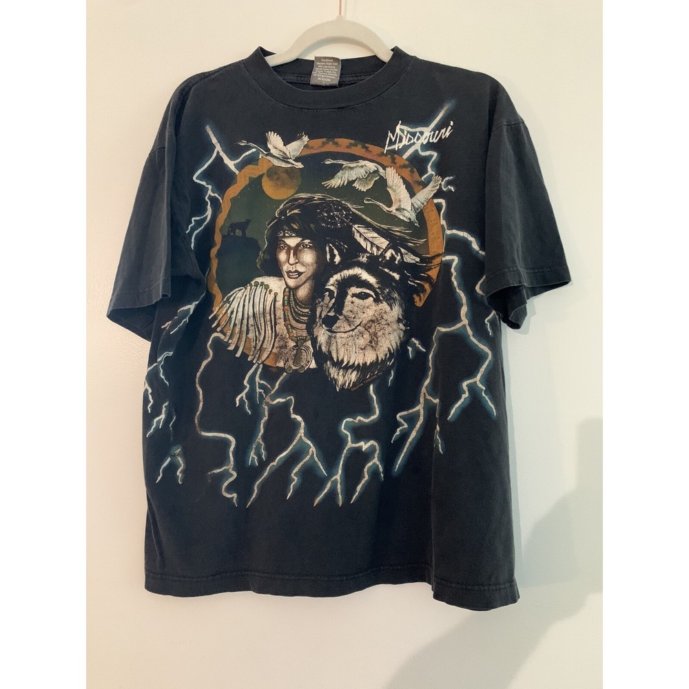 Vtg Native Wolf American Thunder Tshirt Size L Black Lightning AOP 90s